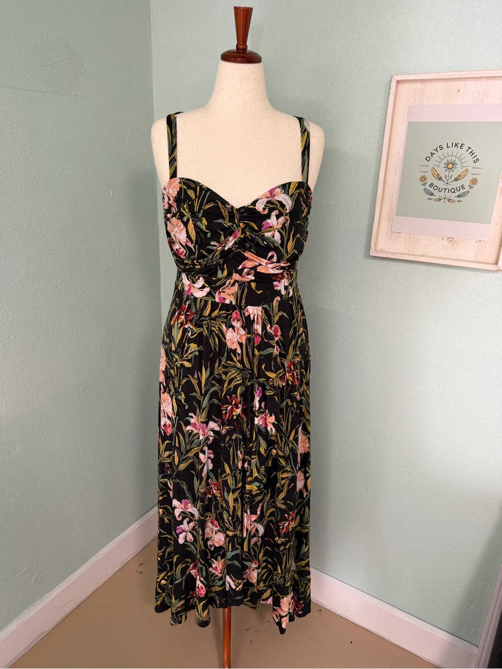 Anthropologie Maeve Black Midi Dress with tropical Pink Floral Print